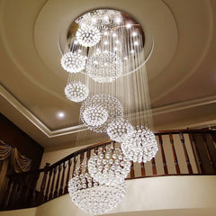 Staircase Chandelier, 13 Lights, Silver with Crystal Spiral Design