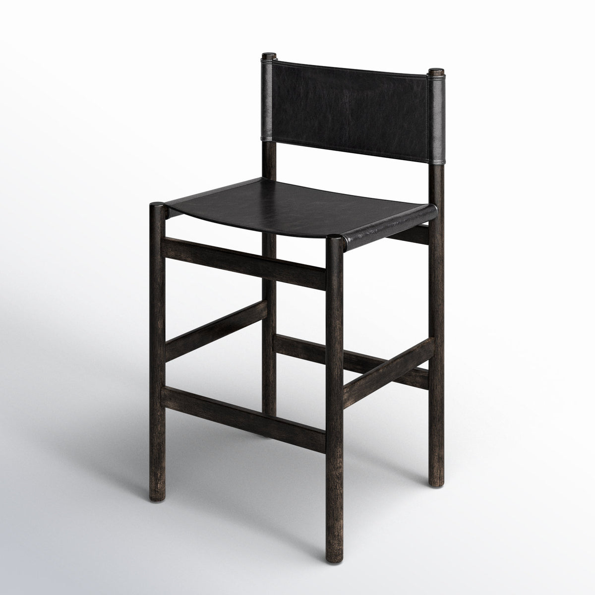 Stool, 30.5 in Seat Height, Black Leather Sling Seat with Charcoal Rubberwood Frame