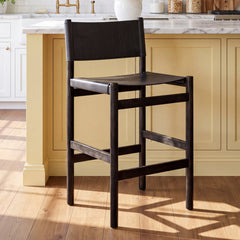 Stool, 30.5 in Seat Height, Black Leather Sling Seat with Charcoal Rubberwood Frame
