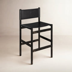 Stool, 30.5 in Seat Height, Black Leather Sling Seat with Charcoal Rubberwood Frame
