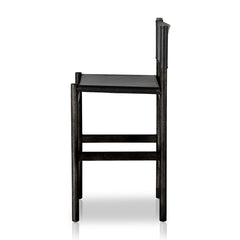 Stool, 30.5 in Seat Height, Black Leather Sling Seat with Charcoal Rubberwood Frame