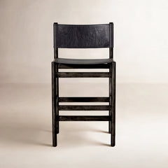 Stool, 30.5 in Seat Height, Black Leather Sling Seat with Charcoal Rubberwood Frame