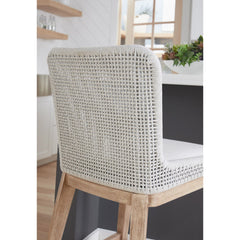 Stool with Back and Footrest, Solid Wood, White Speckle Seat, Natural Gray Base
