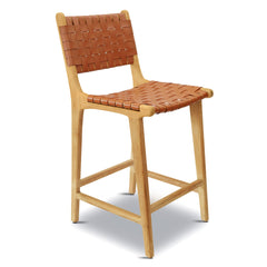 Stool with Woven Leather Seat and Back, Solid Teak Frame, Tan