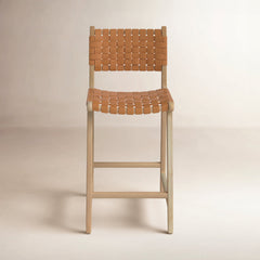 Stool with Woven Leather Seat and Back, Solid Teak Frame, Tan