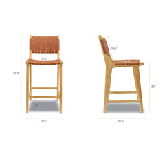 Stool with Woven Leather Seat and Back, Solid Teak Frame, Tan