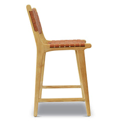 Stool with Woven Leather Seat and Back, Solid Teak Frame, Tan