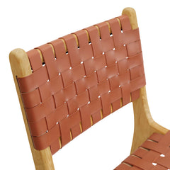 Stool with Woven Leather Seat and Back, Solid Teak Frame, Tan