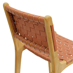 Stool with Woven Leather Seat and Back, Solid Teak Frame, Tan