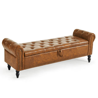 Storage Bench, 63 in W, Brown Faux Leather with Black Wood Legs