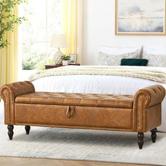 Storage Bench, 63 in W, Brown Faux Leather with Black Wood Legs