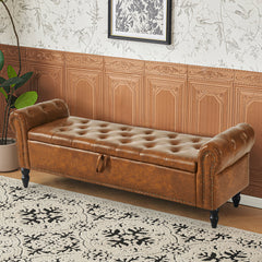 Storage Bench, 63 in W, Brown Faux Leather with Black Wood Legs