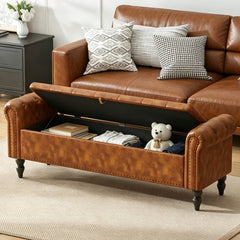 Storage Bench, 63 in W, Brown Faux Leather with Black Wood Legs