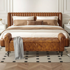 Storage Bench, 63 in W, Brown Faux Leather with Black Wood Legs