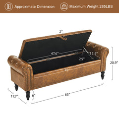 Storage Bench, 63 in W, Brown Faux Leather with Black Wood Legs
