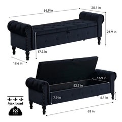 Storage Bench, 66.9 in W, Black Velvet with Nailhead Trim
