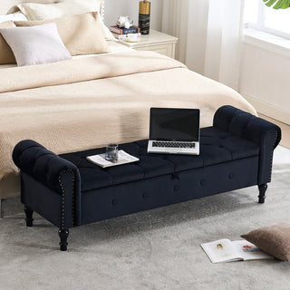 Storage Bench, 66.9 in W, Black Velvet with Nailhead Trim