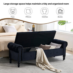 Storage Bench, 66.9 in W, Black Velvet with Nailhead Trim