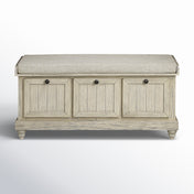 Storage Bench, Acacia and MDF, Beige Linen Cushion, Antique White