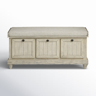 Storage Bench, Acacia and MDF, Beige Linen Cushion, Antique White