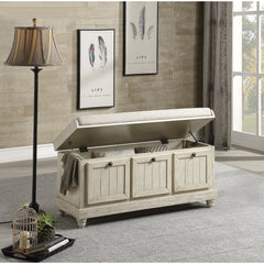 Storage Bench, Acacia and MDF, Beige Linen Cushion, Antique White