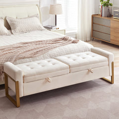 Storage Bench, Beige Velvet with Gold Iron Legs