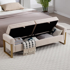 Storage Bench, Beige Velvet with Gold Iron Legs