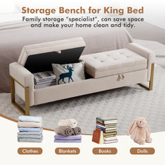 Storage Bench, Beige Velvet with Gold Iron Legs