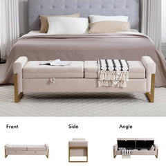 Storage Bench, Beige Velvet with Gold Iron Legs