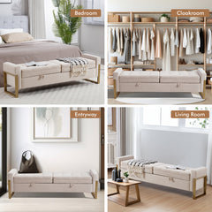 Storage Bench, Beige Velvet with Gold Iron Legs