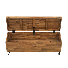 Storage Bench, Flip-Top Seat, Brown Acacia Solid Wood, Black Metal Legs