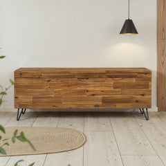 Storage Bench, Flip-Top Seat, Brown Acacia Solid Wood, Black Metal Legs