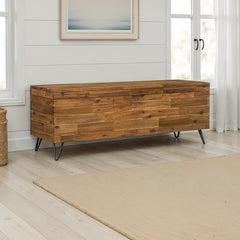 Storage Bench, Flip-Top Seat, Brown Acacia Solid Wood, Black Metal Legs