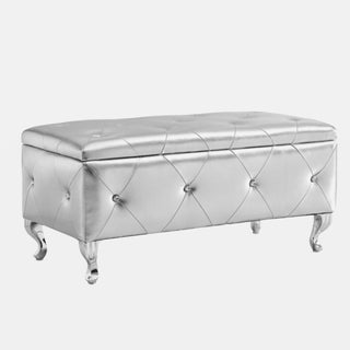 Storage Bench, Silver Faux Leather, Crystal Buttons, Silver Metal Legs