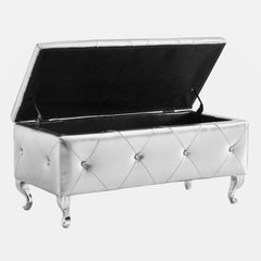 Storage Bench, Silver Faux Leather, Crystal Buttons, Silver Metal Legs