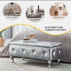 Storage Bench, Silver Faux Leather, Crystal Buttons, Silver Metal Legs