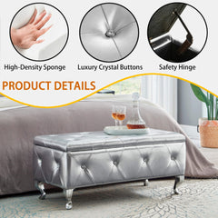 Storage Bench, Silver Faux Leather, Crystal Buttons, Silver Metal Legs
