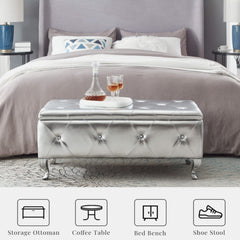 Storage Bench, Silver Faux Leather, Crystal Buttons, Silver Metal Legs