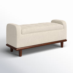 Storage Bench, Tufted Ivory Polyester with Brown Solid Wood Legs