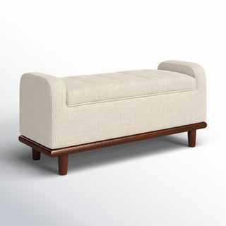 Storage Bench, Tufted Ivory Polyester with Brown Solid Wood Legs