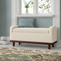 Storage Bench, Tufted Ivory Polyester with Brown Solid Wood Legs