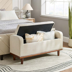Storage Bench, Tufted Ivory Polyester with Brown Solid Wood Legs