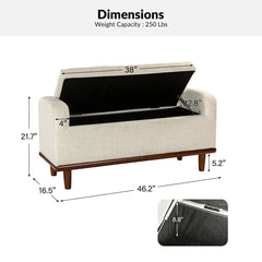 Storage Bench, Tufted Ivory Polyester with Brown Solid Wood Legs