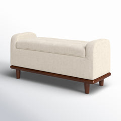Storage Bench, Tufted Ivory Polyester with Brown Solid Wood Legs