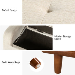 Storage Bench, Tufted Ivory Polyester with Brown Solid Wood Legs