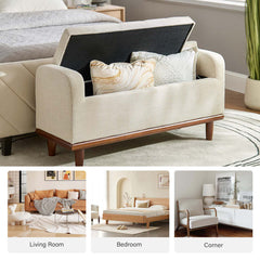 Storage Bench, Tufted Ivory Polyester with Brown Solid Wood Legs