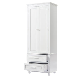 Storage Cabinet, 2 Hinged Doors with Drawers, White Painted MDF