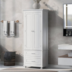 Storage Cabinet, 2 Hinged Doors with Drawers, White Painted MDF
