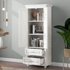 Storage Cabinet, 2 Hinged Doors with Drawers, White Painted MDF