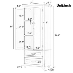 Storage Cabinet, 2 Hinged Doors with Drawers, White Painted MDF